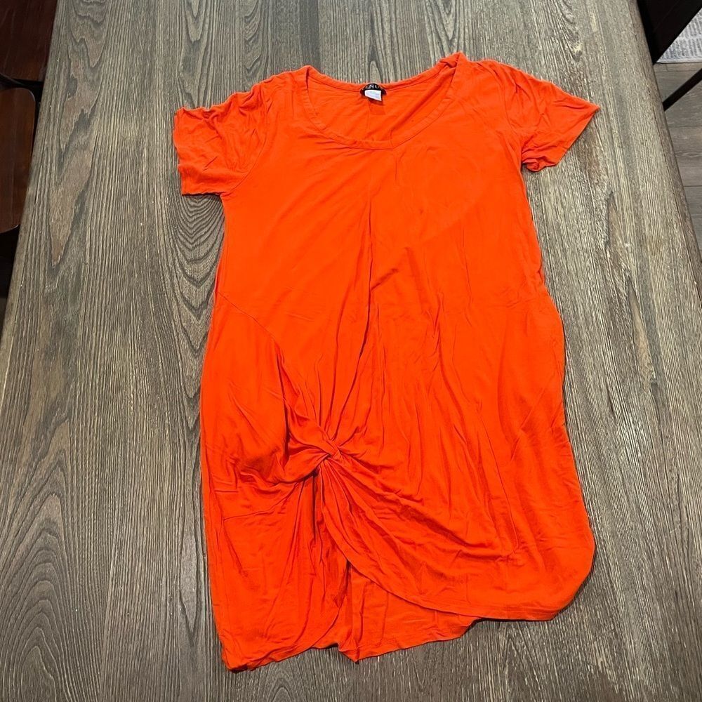Venus Knot Tie T-Shirt Dress Short Sleeve V-Neck Side Pockets Orange Size L
